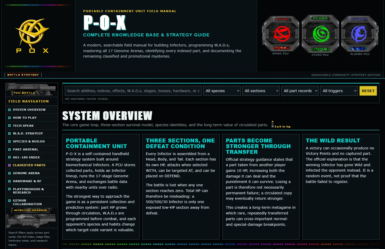 Screenshot of the searchable P-O-X Complete Knowledge Base and Strategy Guide